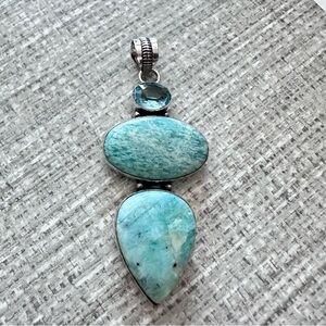 Pendant Amazoite And Aquamarine 3 Large Gemstones Stones Silver Tone Gift 3331